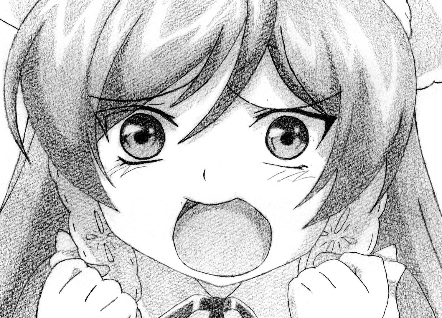 1girl clenched_hands face greyscale image long_hair monochrome open_mouth solo suiseiseki traditional_media
