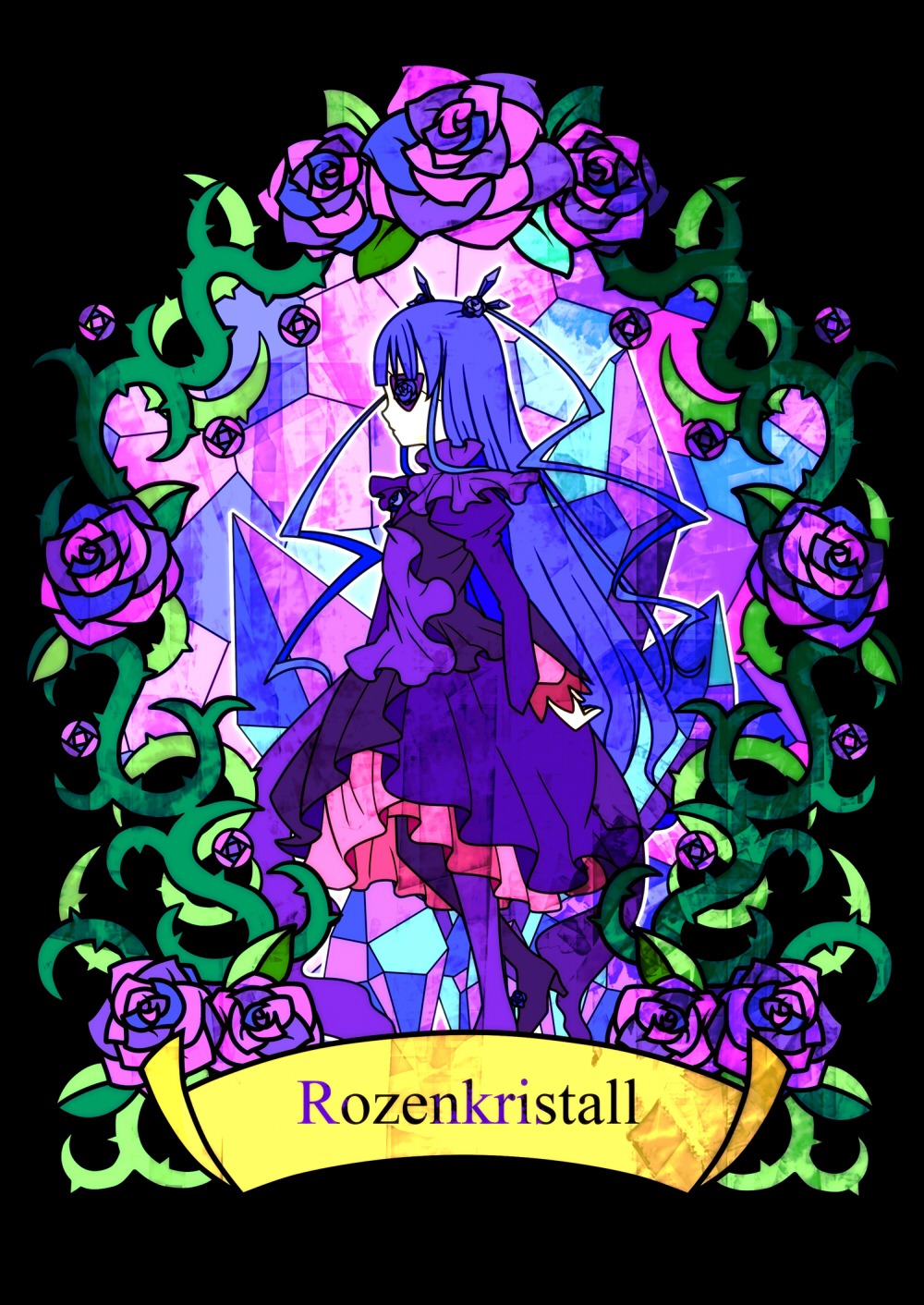1girl barasuishou blue_eyes blue_flower blue_hair blue_rose dress flower image long_hair pink_flower pink_rose plant purple_flower purple_rose red_flower red_rose rose solo thorns vines wings yellow_flower yellow_rose
