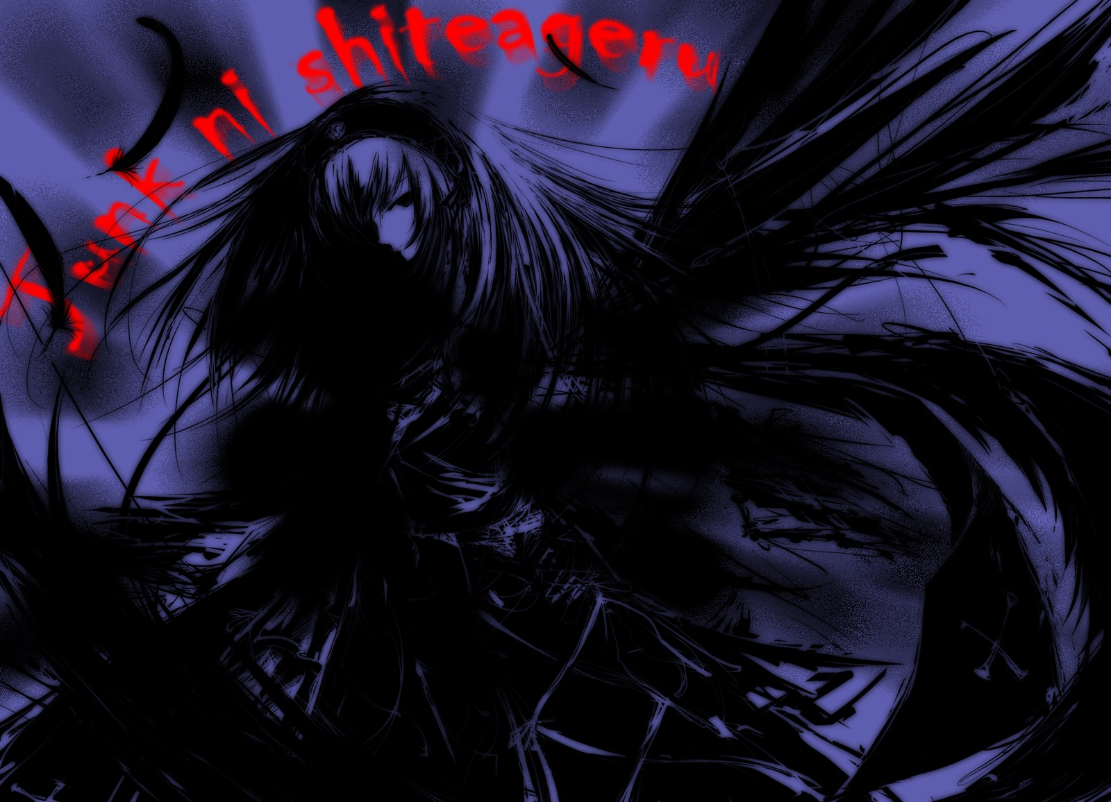 1girl akemi_homura akuma_homura black_hair black_wings closed_eyes feathered_wings hairband image kaname_madoka long_hair magical_girl ribbon solo suigintou wings