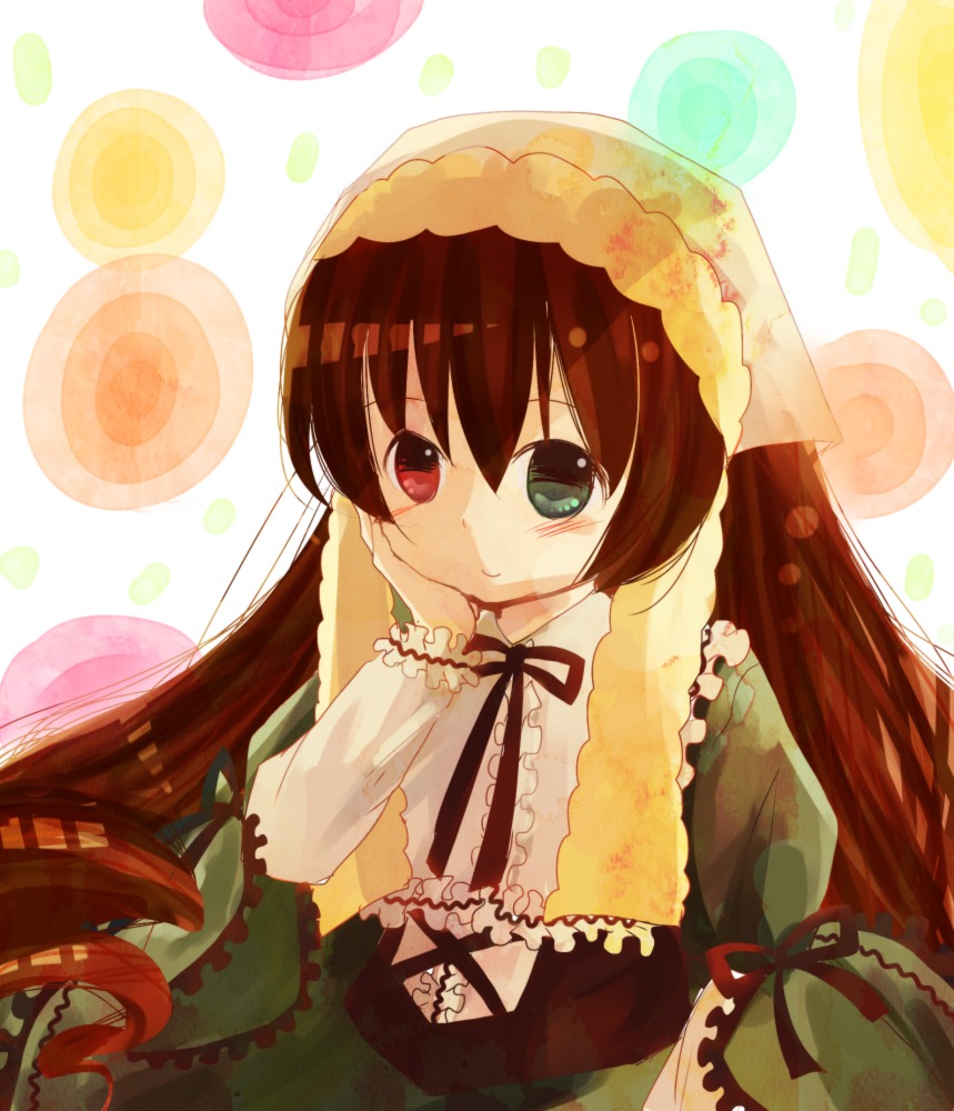 1girl bangs black_ribbon brown_hair dress frills green_dress green_eyes head_scarf heterochromia image long_hair long_sleeves looking_at_viewer red_eyes ribbon smile solo striped_background suiseiseki twintails very_long_hair