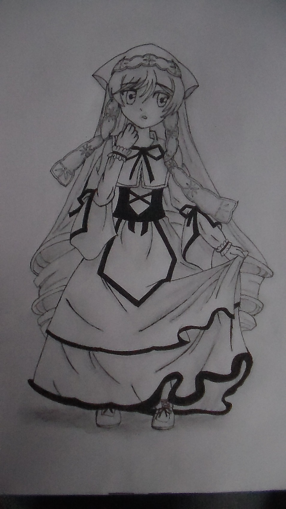 1girl apron blush braid dress eyebrows_visible_through_hair full_body greyscale long_hair long_sleeves looking_at_viewer monochrome ribbon skirt_hold solo traditional_media very_long_hair