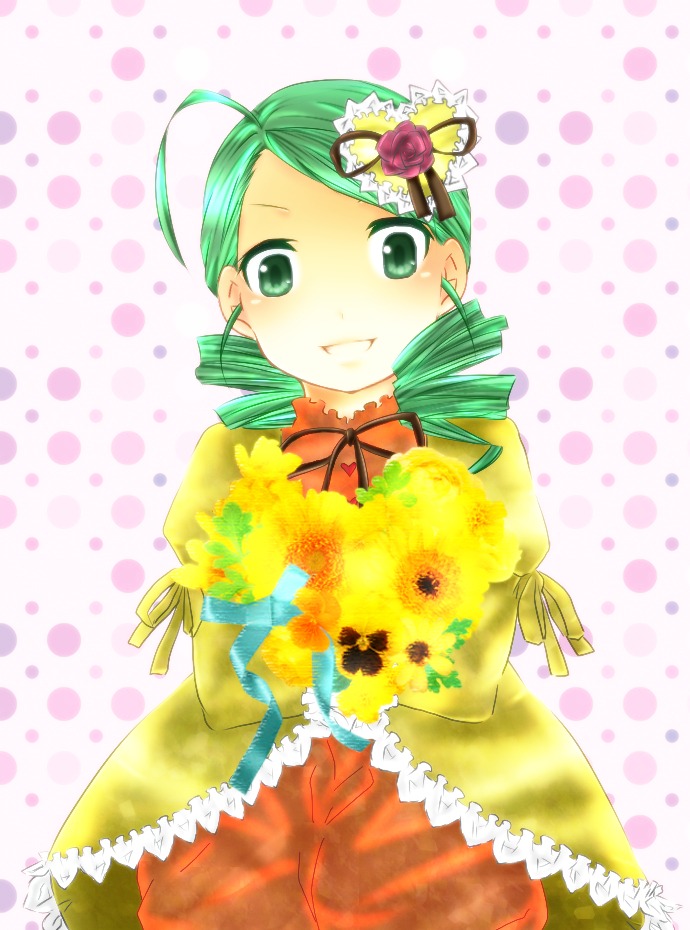 1girl ahoge dress drill_hair flower green_eyes green_hair halftone halftone_background image kanaria long_sleeves looking_at_viewer polka_dot polka_dot_background polka_dot_dress ribbon solo