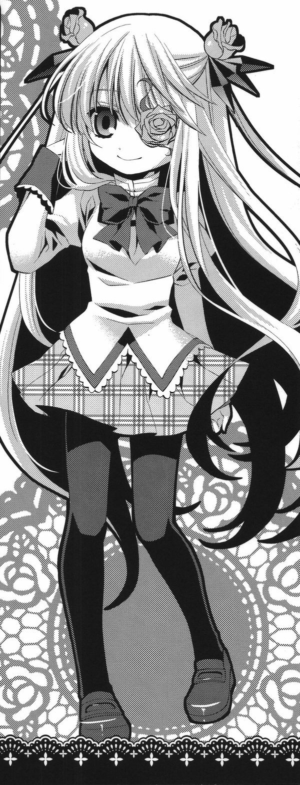 1girl barasuishou bow eyepatch flower greyscale hair_ribbon image loafers long_hair monochrome pantyhose plaid ribbon rose school_uniform shoes skirt smile solo standing very_long_hair