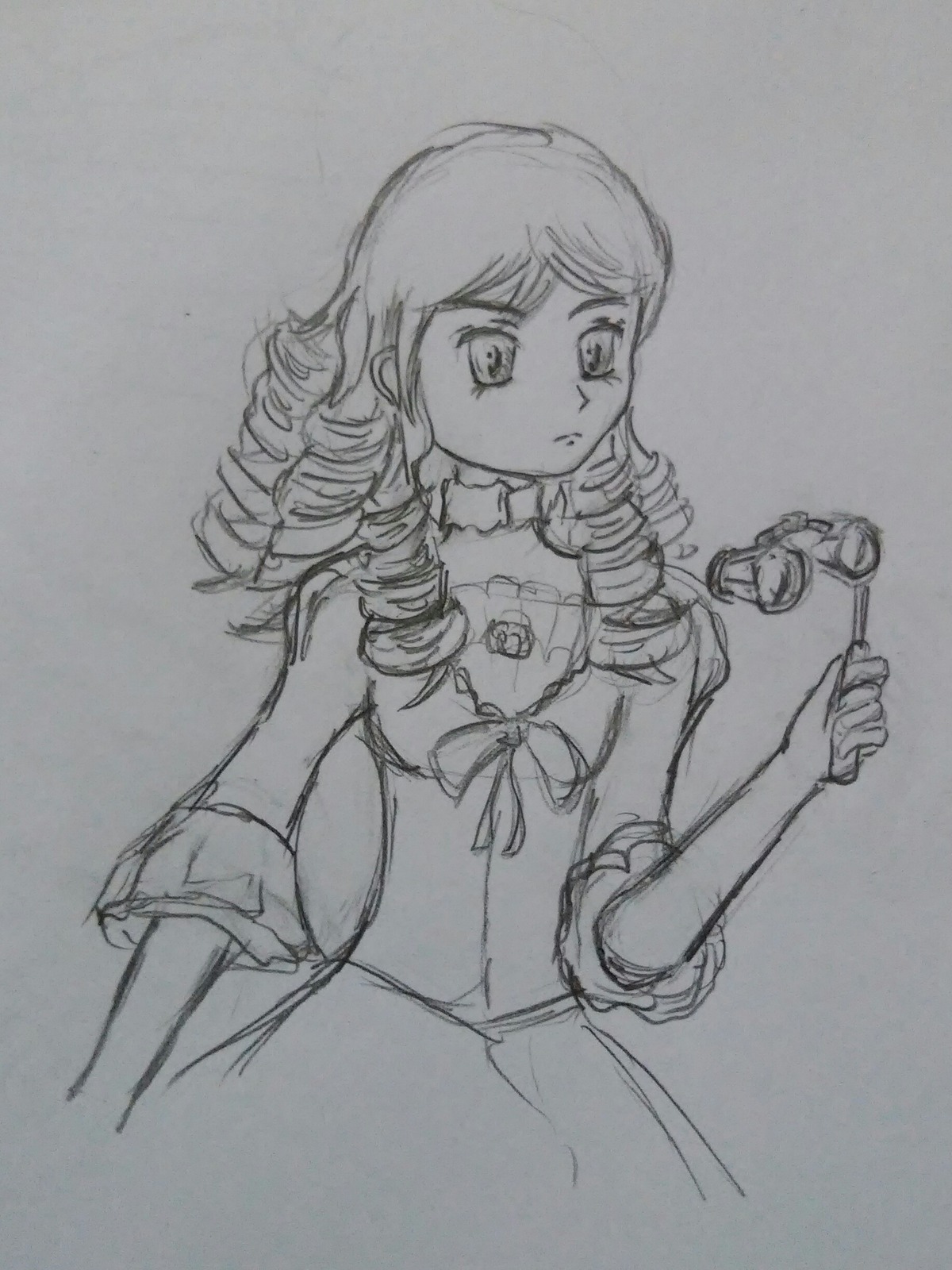 1girl dress drill_hair eyewear_removed glasses graphite_(medium) greyscale image kanaria long_hair monochrome photo ringlets simple_background solo tomoe_mami traditional_media twin_drills