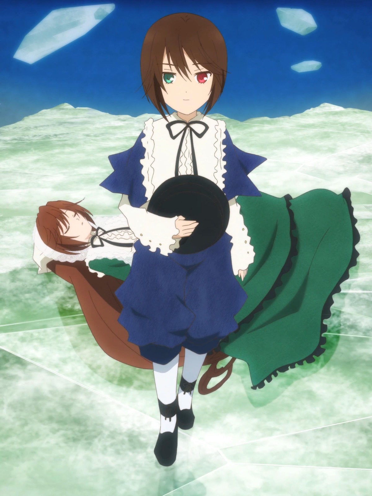 2girls brown_hair closed_eyes dress green_dress heterochromia image long_hair long_sleeves multiple_girls pair red_eyes short_hair siblings sisters sleeping souseiseki suiseiseki twins white_legwear