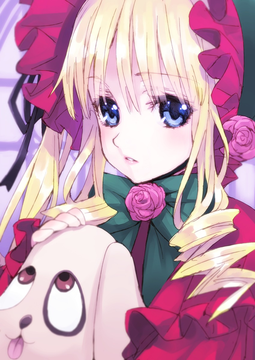 1girl bad_id bad_pixiv_id blonde_hair blue_eyes blurry blush bonnet bow depth_of_field dress drill_hair flower frills highres image kunkun long_hair long_sleeves looking_at_viewer matsuryuu photoshop_(medium) pink_flower pink_rose rose rozen_maiden shinku solo stuffed_animal stuffed_dog twin_drills twintails