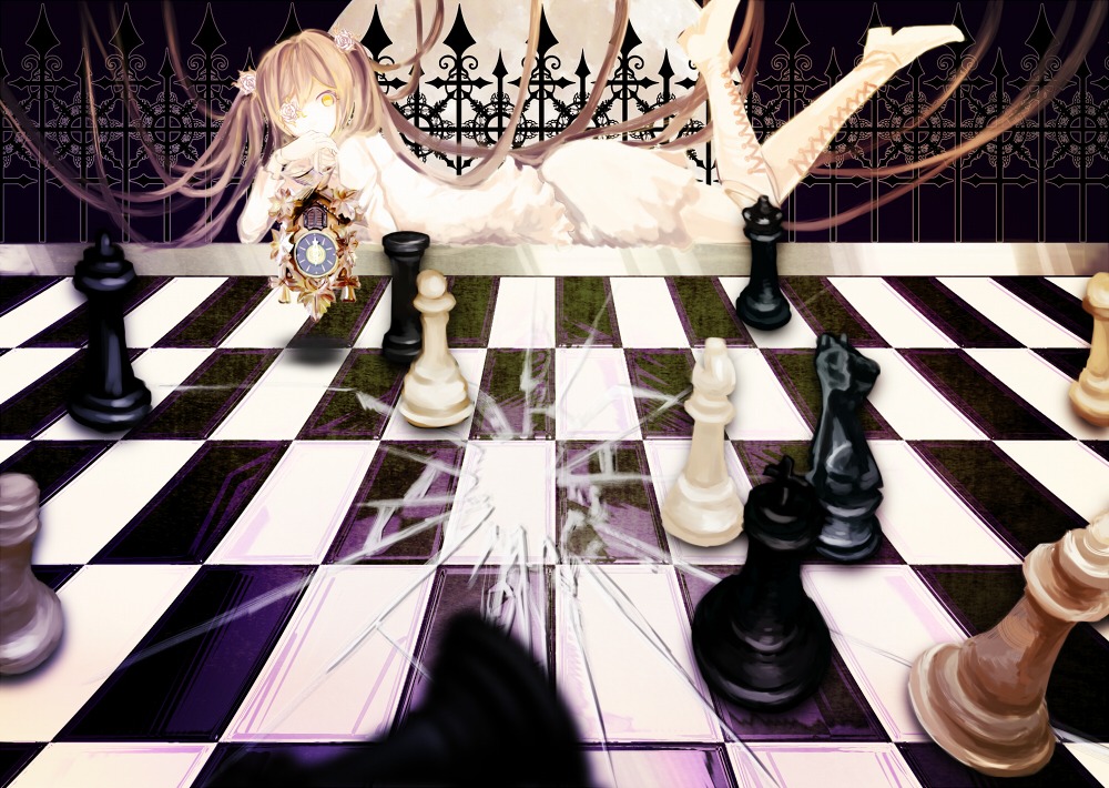 1girl argyle argyle_background argyle_legwear bath bathroom bathtub bishop_(chess) black_rock_shooter_(character) blonde_hair board_game body_writing boots card chair checkerboard_cookie checkered checkered_background checkered_floor checkered_kimono checkered_scarf checkered_shirt checkered_skirt chess_piece clock cookie crosswalk crown diamond_(gemstone) diamond_(shape) different_reflection female_saniwa_(touken_ranbu) flag flaming_eye floor high_heels himekaidou_hatate holding_flag image instrument kaname_madoka king_(chess) kirakishou knight_(chess) long_hair lying mirror on_floor perspective petals pillar plaid_background race_queen reflection reflective_floor ribbon role_reversal rook_(chess) rose saniwa_(touken_ranbu) shoes solo solo_shoe thighhighs tile_floor tile_wall tiles vanishing_point yellow_eyes