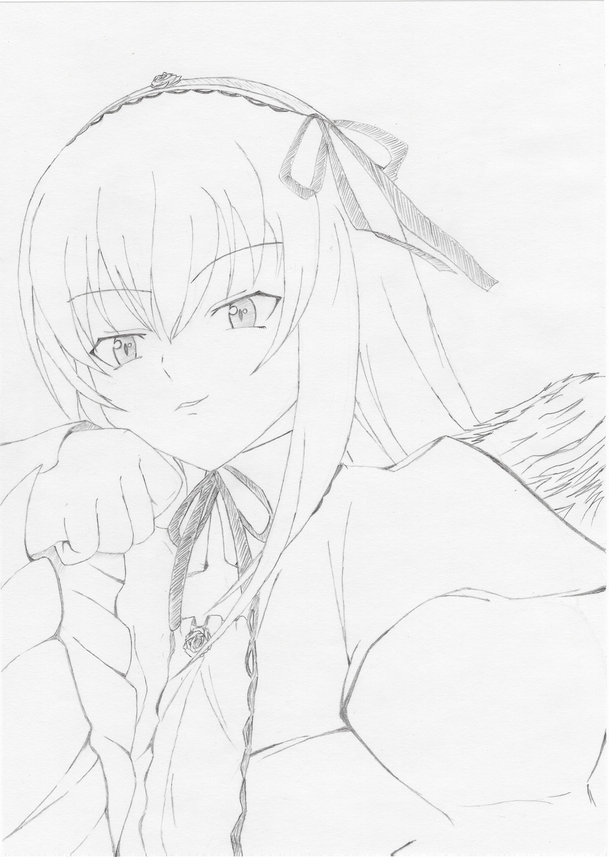 1girl closed_mouth frills greyscale hairband image long_hair long_sleeves looking_at_viewer monochrome ribbon simple_background smile solo suigintou upper_body white_background