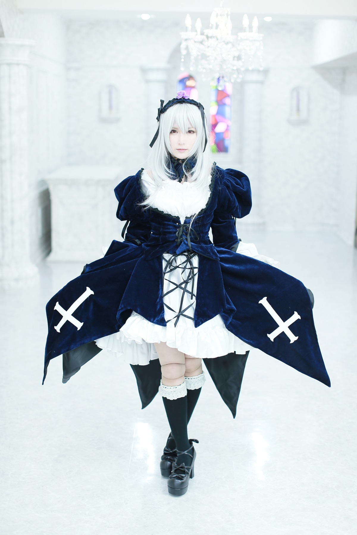 1girl black_footwear black_legwear boots dress hairband long_hair long_sleeves solo standing suigintou white_hair
