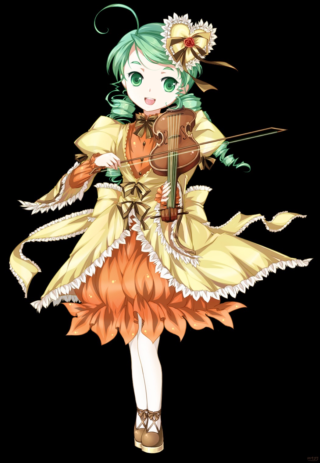 1girl :d ahoge black_background bow bow_(instrument) commentary_request dress drill_hair earrings frills full_body green_eyes green_hair hair_ornament highres holding image instrument jewelry juliet_sleeves kanaria lolita_fashion long_hair long_sleeves looking_at_viewer mtyy music musical_note open_mouth orange_dress photoshop_(medium) playing_instrument puffy_sleeves rozen_maiden simple_background smile solo standing transparent_background violin white_legwear