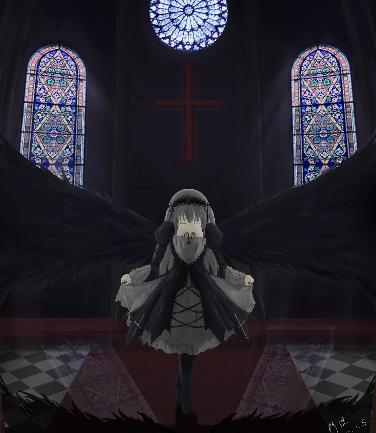 1girl argyle argyle_background argyle_legwear bad_id bad_pixiv_id black_dress black_wings board_game bow checkered checkered_background checkered_floor chess_piece church closed_eyes cross crossed_legs curtsey dress feathered_wings flower frills gothic_lolita hair_ornament hairband highres holding image indoors lolita_fashion long_hair long_sleeves perspective reflection reflective_floor ribbon rose rozen_maiden silver_hair solo stained_glass standing suigintou tile_floor tiles vanishing_point watson_cross window wings