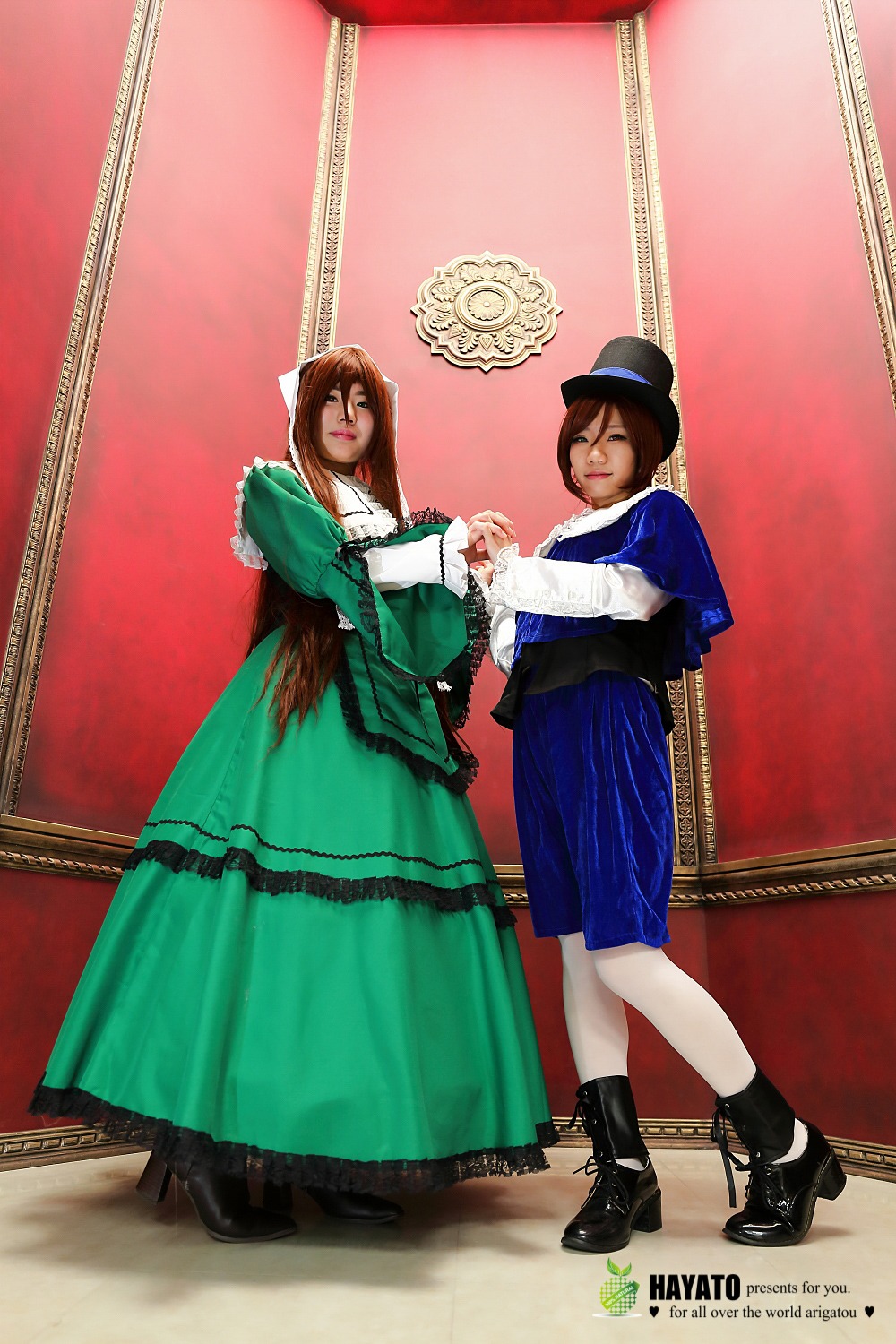 2girls boots brown_hair closed_eyes dress hat high_heels lipstick makeup multiple_cosplay multiple_girls pantyhose realistic siblings sisters tagme