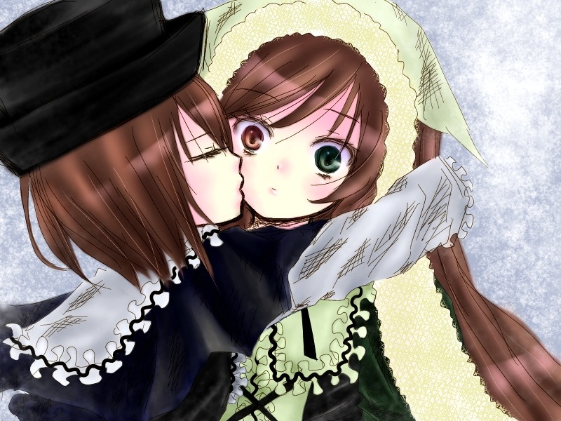 2girls blush brown_hair closed_eyes dress frills hat head_scarf image incest kiss long_sleeves multiple_girls pair short_hair siblings sisters souseiseki suiseiseki twincest twins yuri