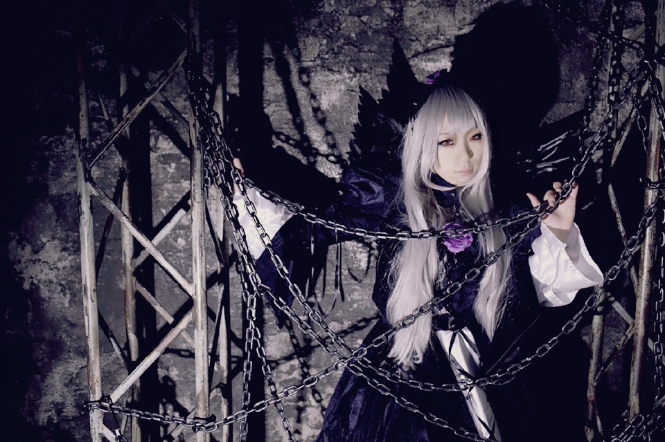 1boy anchor beads bound broken broken_chain chain chain_necklace chained collar cuffs flail gold_chain handcuffs long_hair looking_at_viewer pocket_watch restrained shackles sickle slave solo suigintou swing white_hair