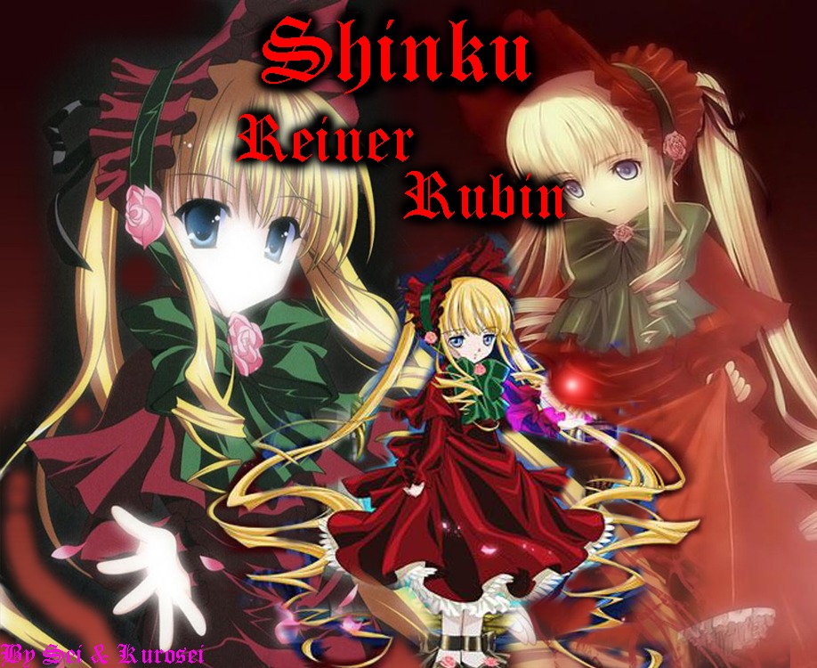 3girls auto_tagged black_footwear blonde_hair blue_eyes bonnet bow bowtie copyright_name dress drill_hair flower green_bow green_neckwear image long_hair long_sleeves looking_at_viewer multiple_girls pink_bow pink_rose red_dress rose shinku shoes sidelocks solo standing twintails