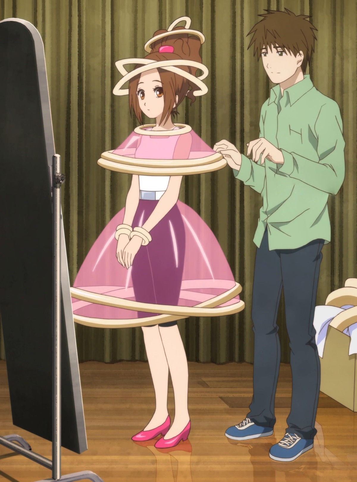 1boy 1girl brown_eyes brown_hair dress human image pair pants saitou sakurada_jun screenshot shoes