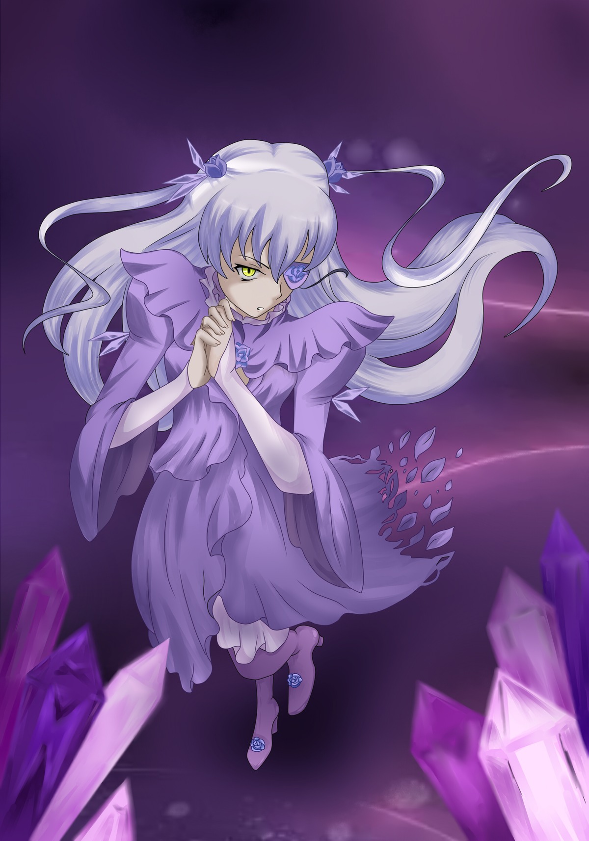 1girl barasuishou dress full_body hair_ornament image long_hair long_sleeves purple_dress ribbon silver_hair solo standing very_long_hair yellow_eyes