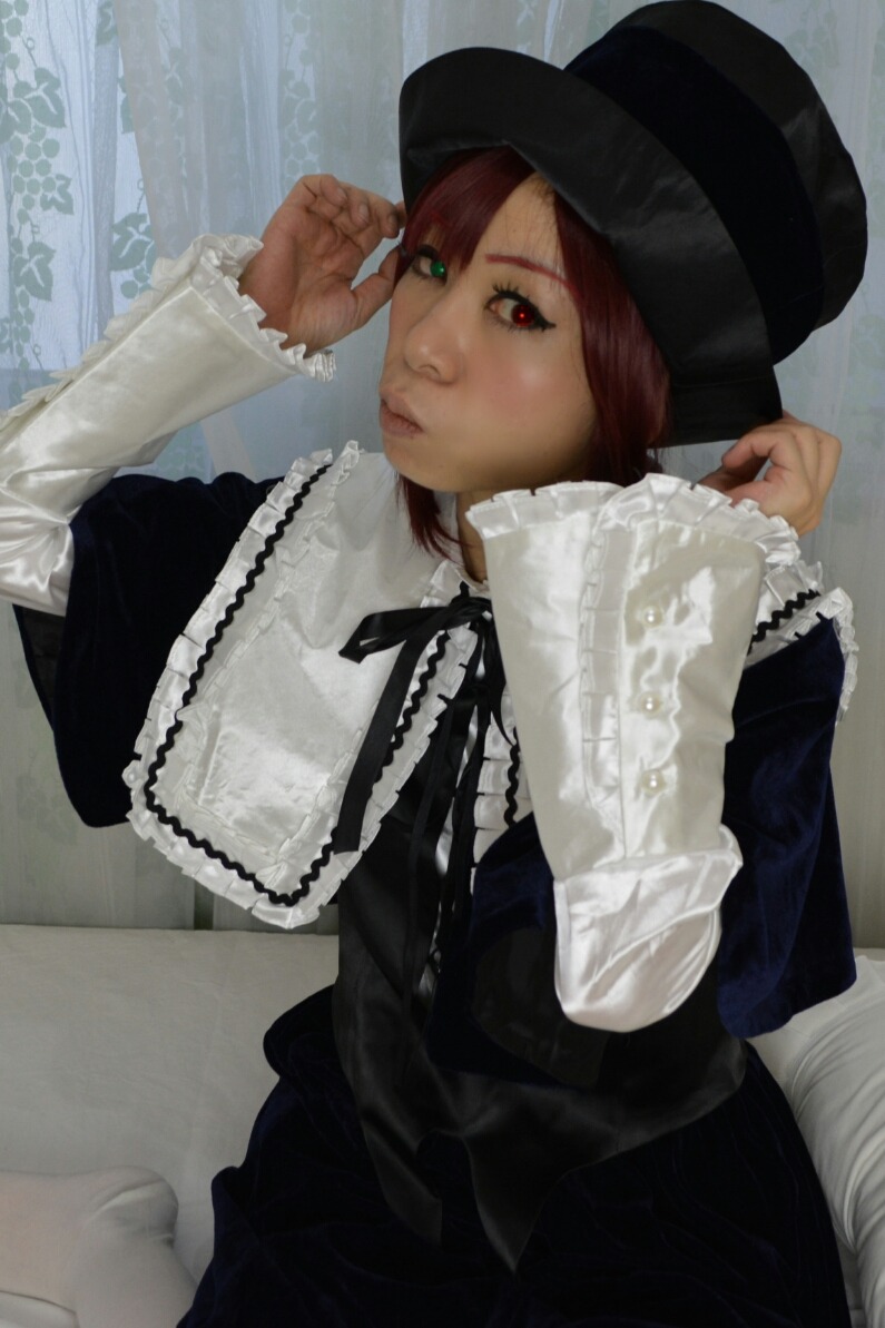 1girl closed_mouth dress frills hat heterochromia lips long_sleeves looking_at_viewer red_eyes red_hair solo souseiseki top_hat