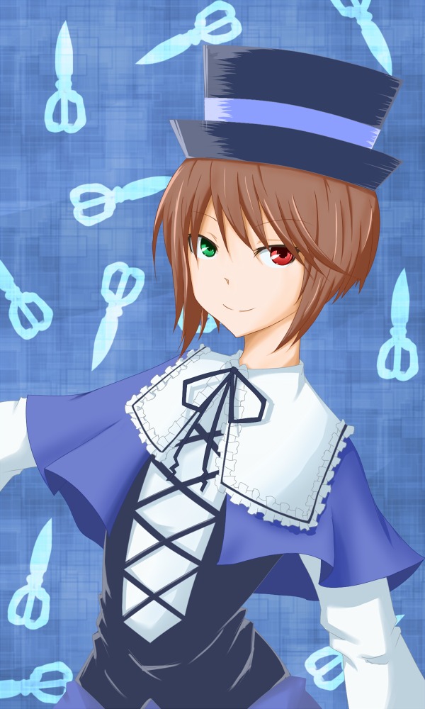 1girl ? blue_background brown_hair capelet green_eyes hat heterochromia image long_sleeves looking_at_viewer red_eyes ribbon short_hair smile solo souseiseki top_hat