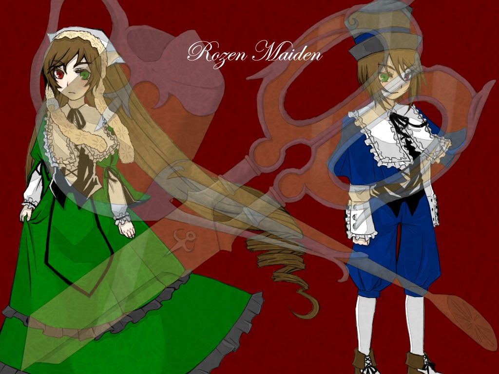 2girls brown_hair dress drill_hair frills green_eyes heterochromia image long_hair long_sleeves multiple_girls pair red_background red_eyes short_hair siblings sisters souseiseki standing suiseiseki top_hat twins very_long_hair