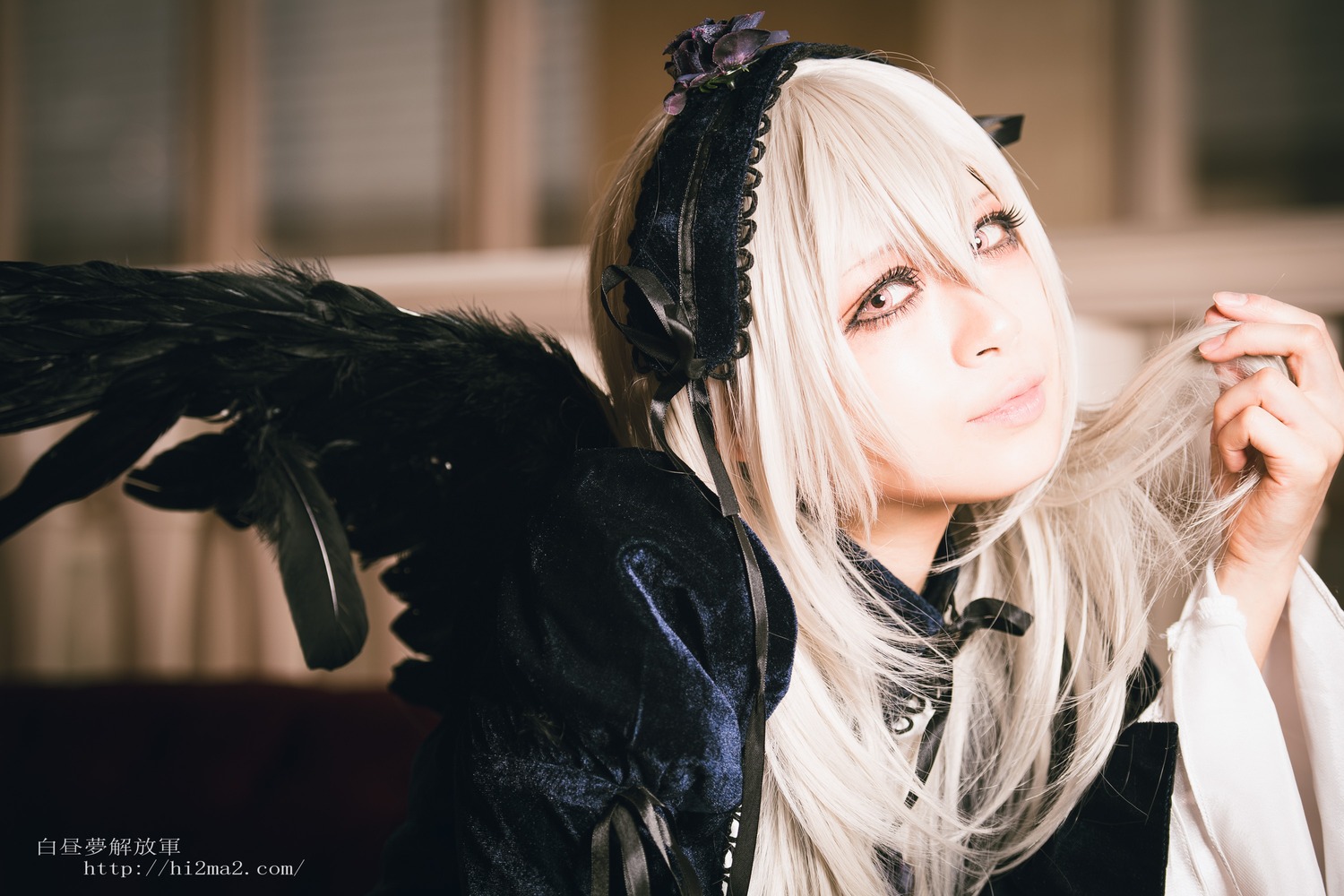 1girl artist_name blurry blurry_background closed_mouth depth_of_field hairband lips lolita_fashion long_hair ribbon solo suigintou upper_body