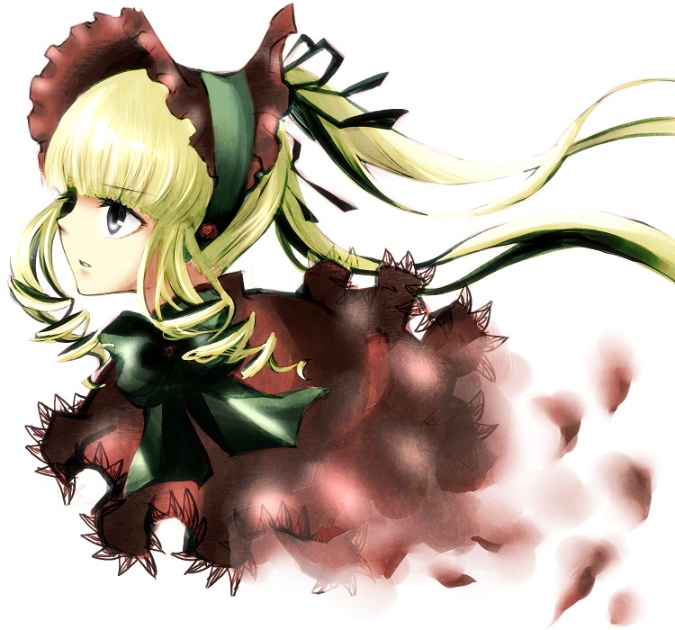 1girl bad_id bad_pixiv_id bangs blonde_hair blue_eyes bonnet bow bowtie dress drill_hair frills hair_ribbon image long_hair long_sleeves looking_afar nakagawa profile ribbon rose rozen_maiden shinku simple_background solo twintails upper_body white_background
