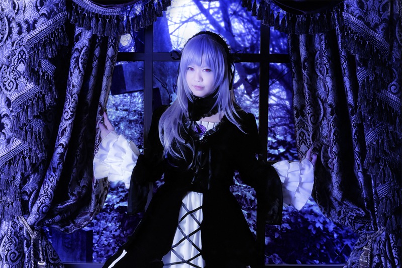 1girl black_dress blue_theme curtains dress flower gothic gothic_lolita indoors lolita_fashion long_hair long_sleeves looking_at_viewer night solo suigintou window