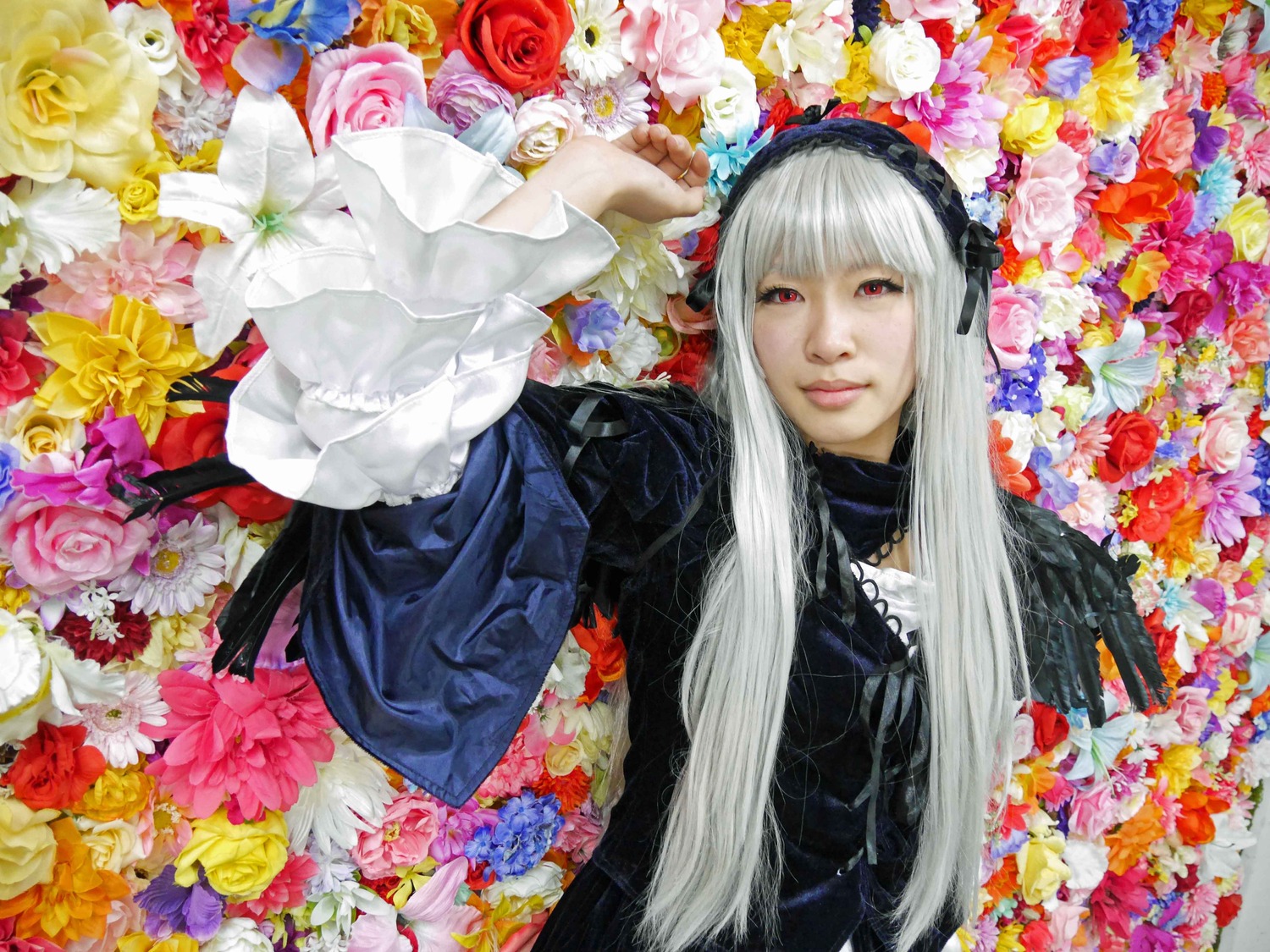 1girl bangs flower hairband lips lolita_fashion long_hair looking_at_viewer orange_flower red_eyes red_flower rose solo suigintou traditional_media yellow_flower