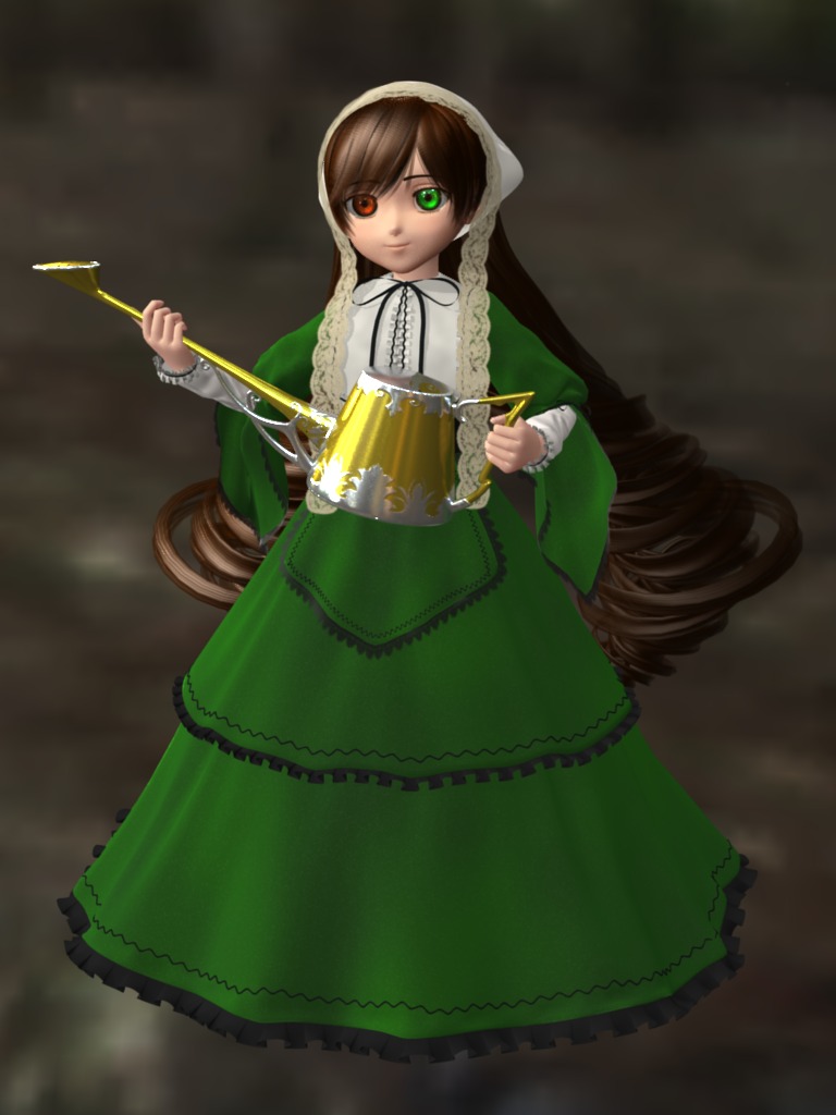 1girl brown_hair dress frills green_dress green_eyes heterochromia holding image long_hair long_sleeves looking_at_viewer red_eyes solo suiseiseki very_long_hair watering_can