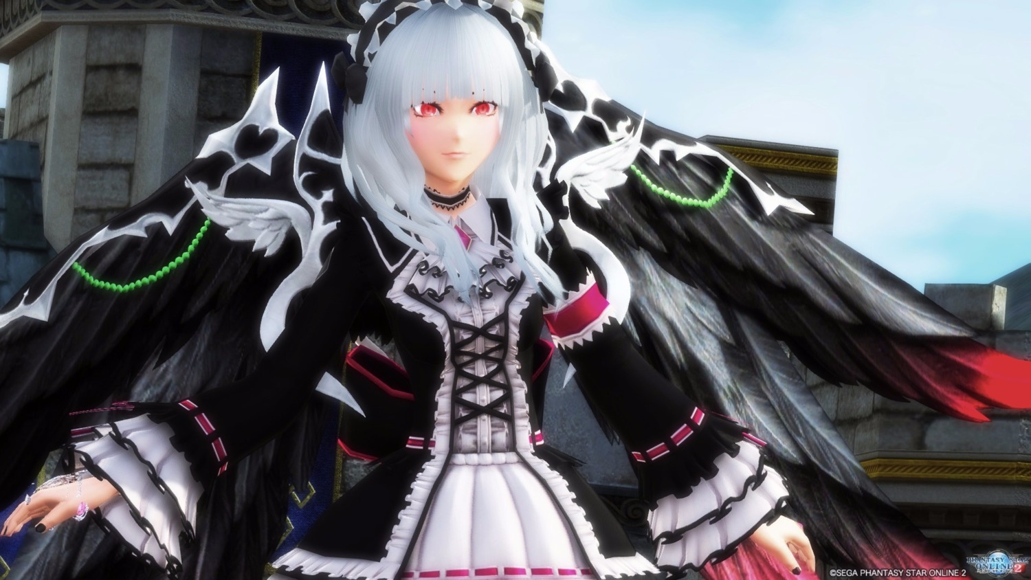 1girl bangs black_nails black_wings dress dutch_angle feathers frills gothic_lolita hairband image jewelry lolita_fashion long_hair long_sleeves looking_at_viewer nail_polish red_eyes ring silver_hair solo suigintou wings