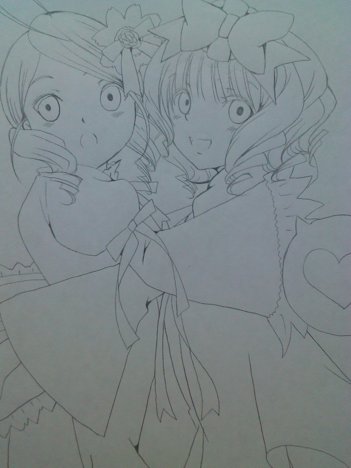 2girls bow dress drill_hair hair_ornament hat hinaichigo image kanaria looking_at_viewer monochrome multiple_girls pair smile traditional_media twin_drills