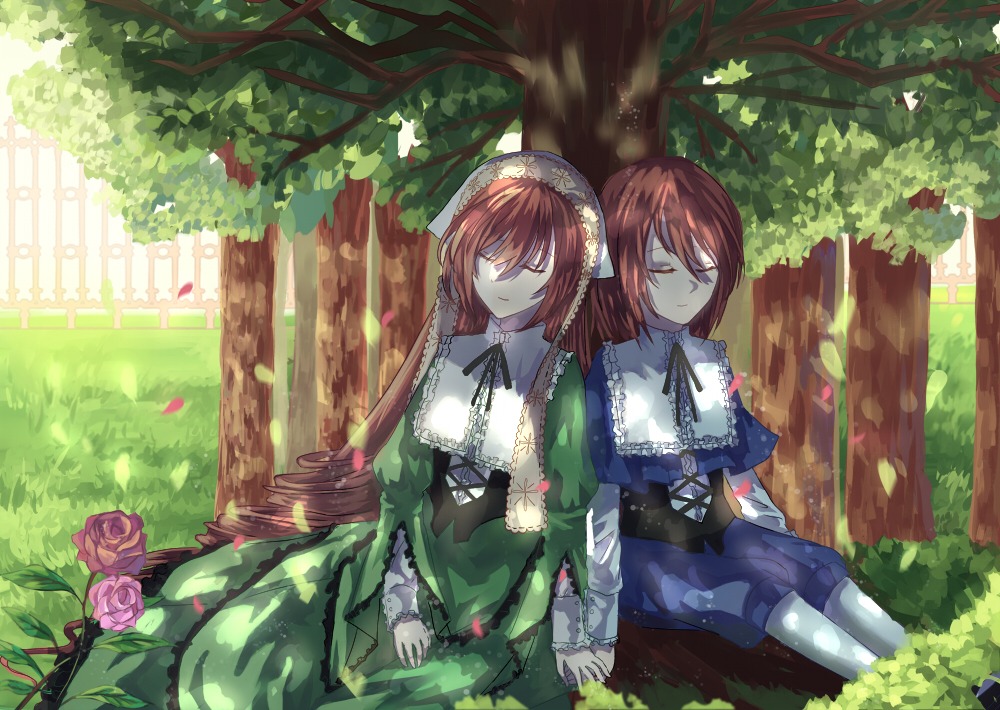 2girls brown_hair bush closed_eyes dappled_sunlight day dress flower green_dress holding_hands image long_hair long_sleeves multiple_girls outdoors pair pantyhose pink_flower pink_rose ribbon rose short_hair siblings sisters sitting sleeping souseiseki suiseiseki sunlight tree twins