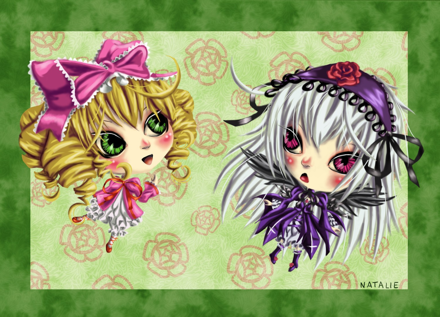 2girls blonde_hair blush bow chibi dress drill_hair frills green_eyes hair_bow hairband hina_ichigo hinaichigo image long_hair looking_at_viewer multiple_girls open_mouth pair pink_bow short_hair silver_hair smile suigintou wings