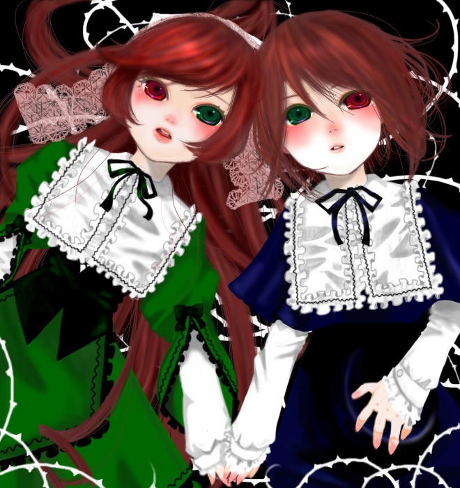 2girls blush brown_hair dress frills green_eyes heterochromia holding_hands image long_hair long_sleeves looking_at_viewer multiple_girls pair red_eyes short_hair siblings sisters souseiseki suiseiseki symmetry twins very_long_hair