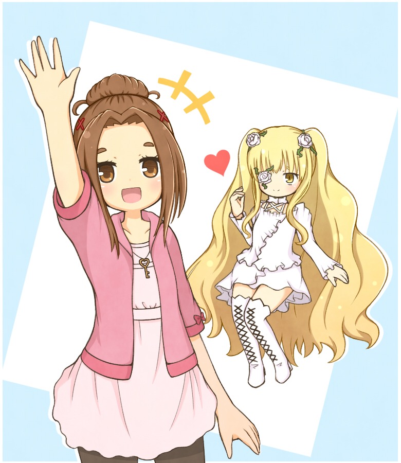 2girls :d black_legwear blonde_hair blush boots brown_eyes brown_hair dress flower hair_flower hair_ornament heart image kirakishou long_hair long_sleeves multiple_girls open_mouth pantyhose saitou skirt smile solo striped striped_background vertical_stripes very_long_hair waving yellow_eyes