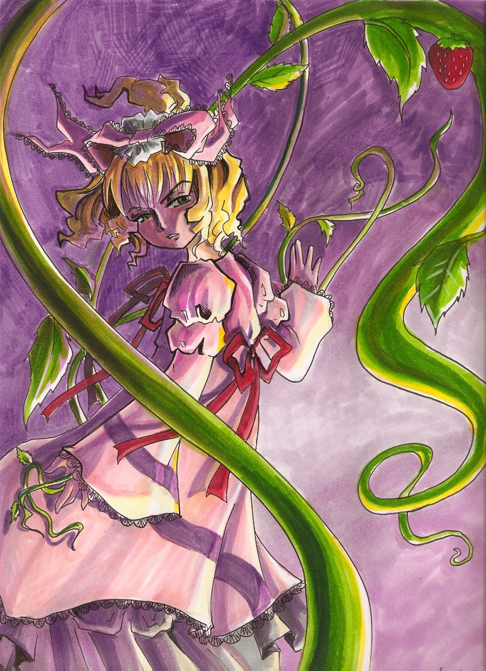 1girl blonde_hair frills fruit hat hinaichigo image leaf plant ribbon short_hair short_sleeves solo traditional_media vines