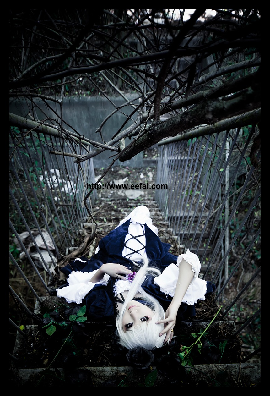 1girl black_border dress frills gothic_lolita hat letterboxed solo suigintou white_hair