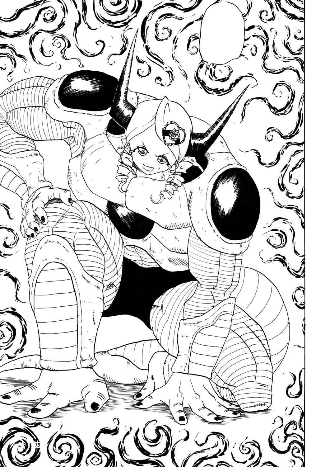 1girl greyscale horns image kanaria monochrome solo