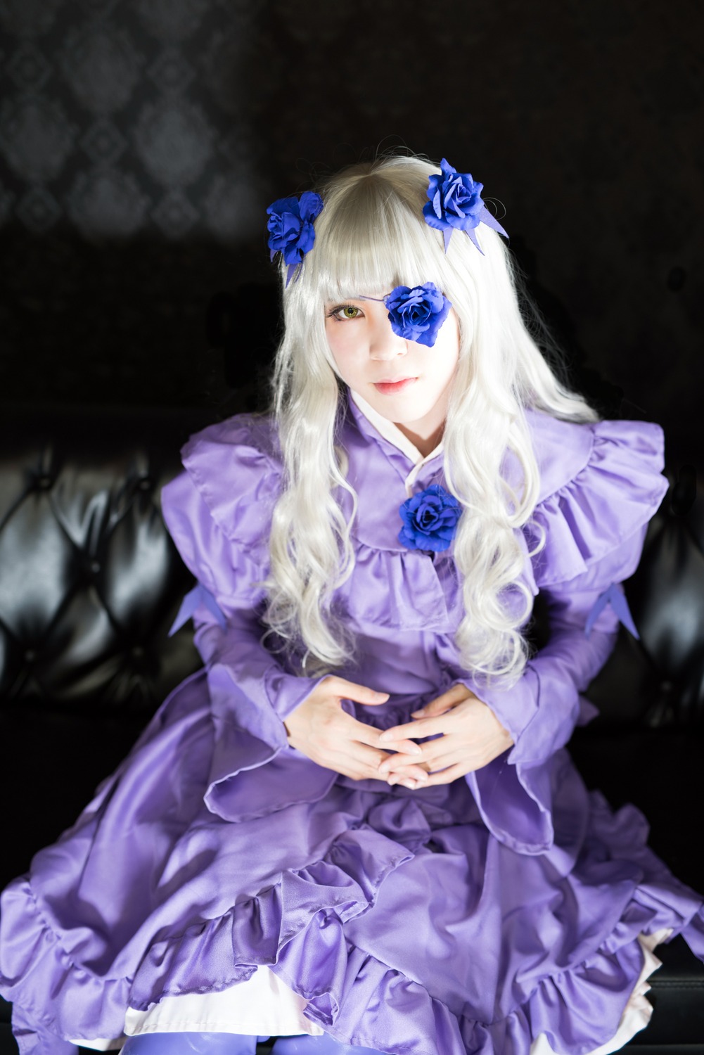 1girl bangs barasuishou blonde_hair blue_flower blue_rose dress eyepatch flower frills hair_ornament lolita_fashion long_hair rose solo yellow_eyes