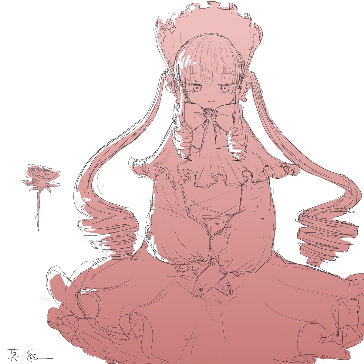 1girl bangs bonnet closed_mouth dress drill_hair frills hat image long_hair long_sleeves looking_at_viewer monochrome shinku sketch solo standing twin_drills twintails very_long_hair white_background