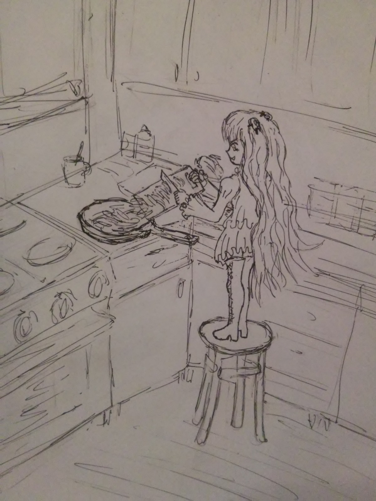 1girl bicycle greyscale ground_vehicle hair_ornament image indoors kirakishou long_hair monochrome one_side_up sketch solo standing traditional_media