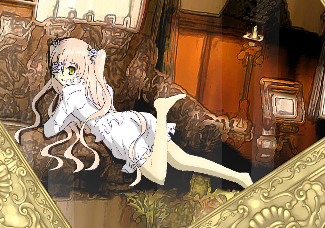 1girl barefoot dress flower hair_flower hair_ornament image kirakishou long_hair lying on_stomach pink_hair solo white_dress yellow_eyes