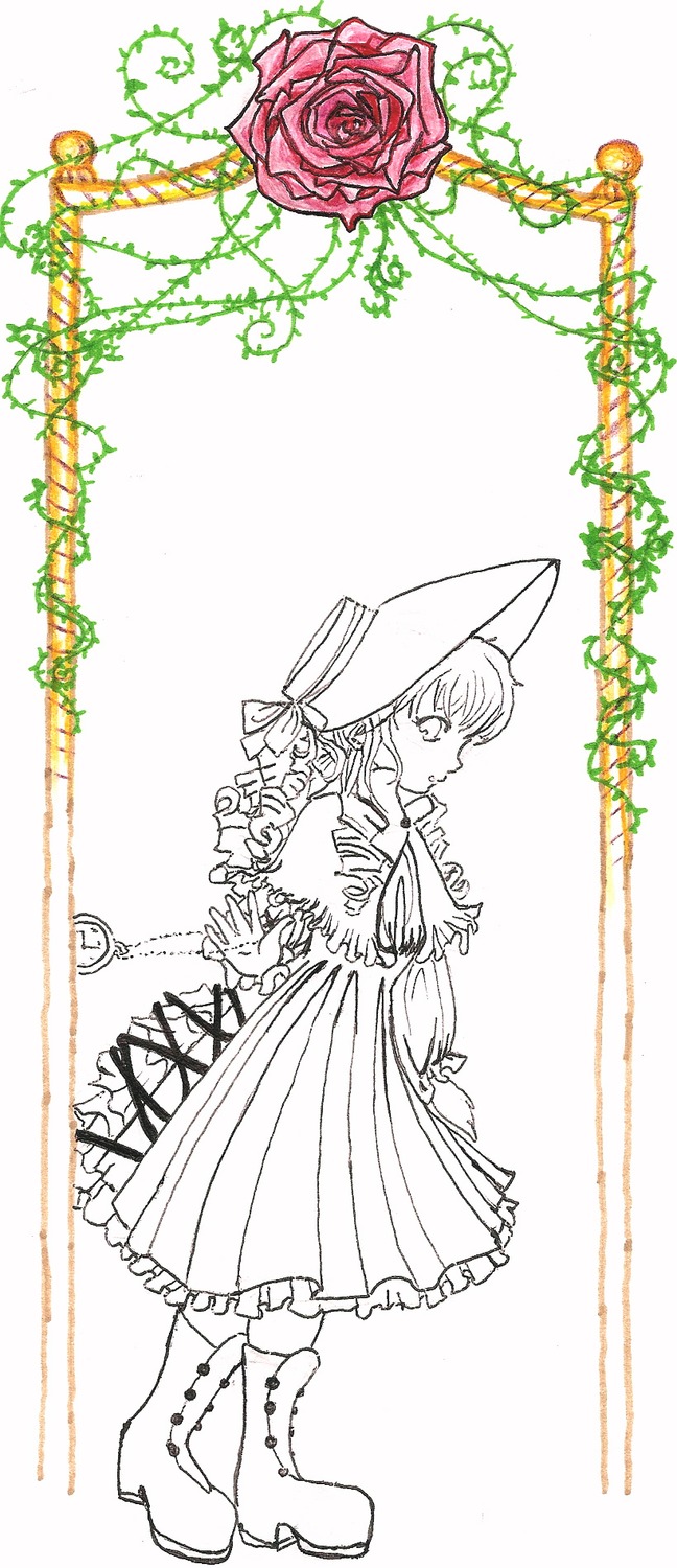 1girl auto_tagged boots dress drill_hair flower full_body hat high_heels image long_sleeves monochrome rose shinku solo standing striped twin_drills vertical_stripes