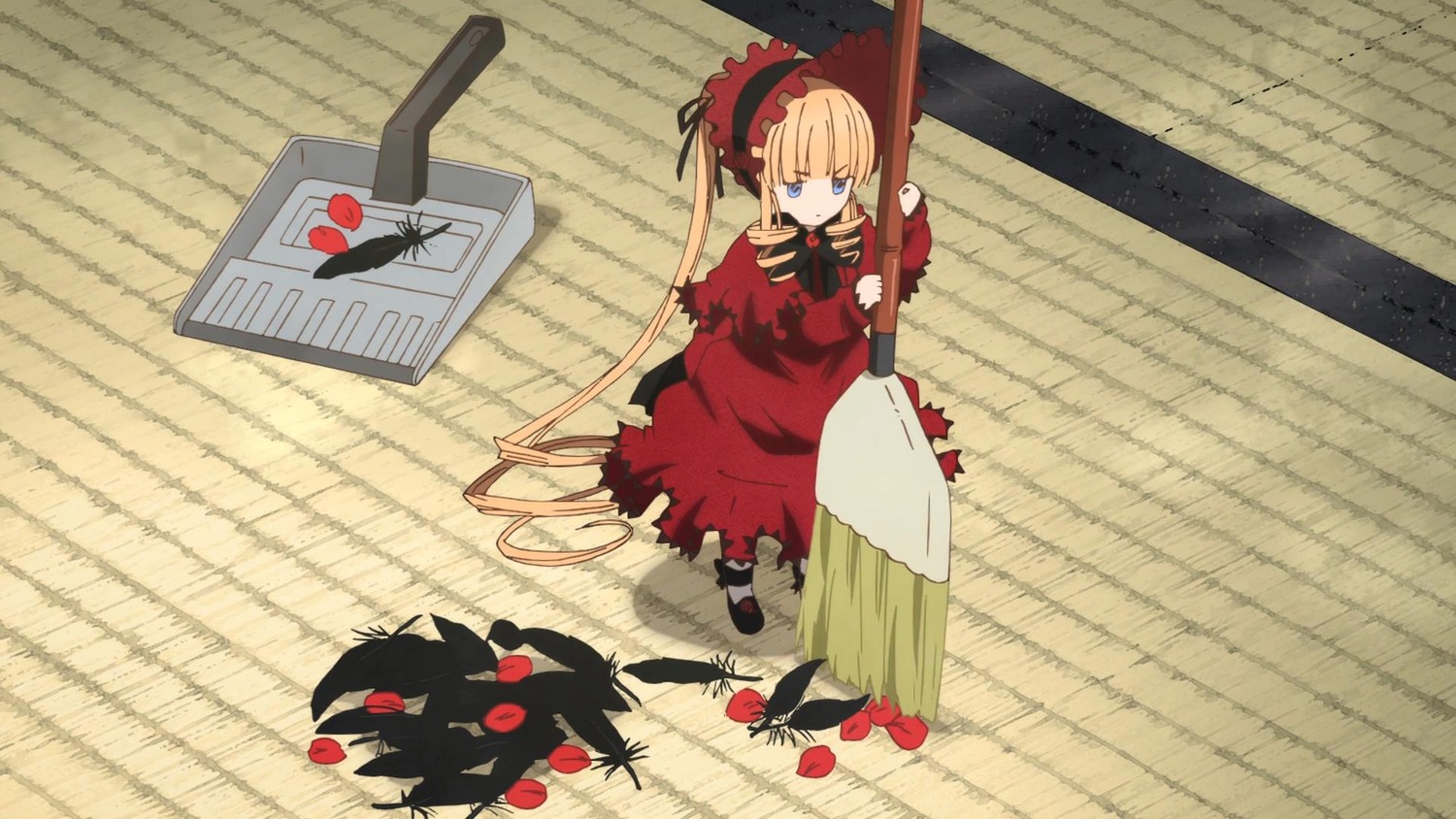 1girl blonde_hair blue_eyes bow dress flower image red_dress ribbon rose shinku solo umbrella