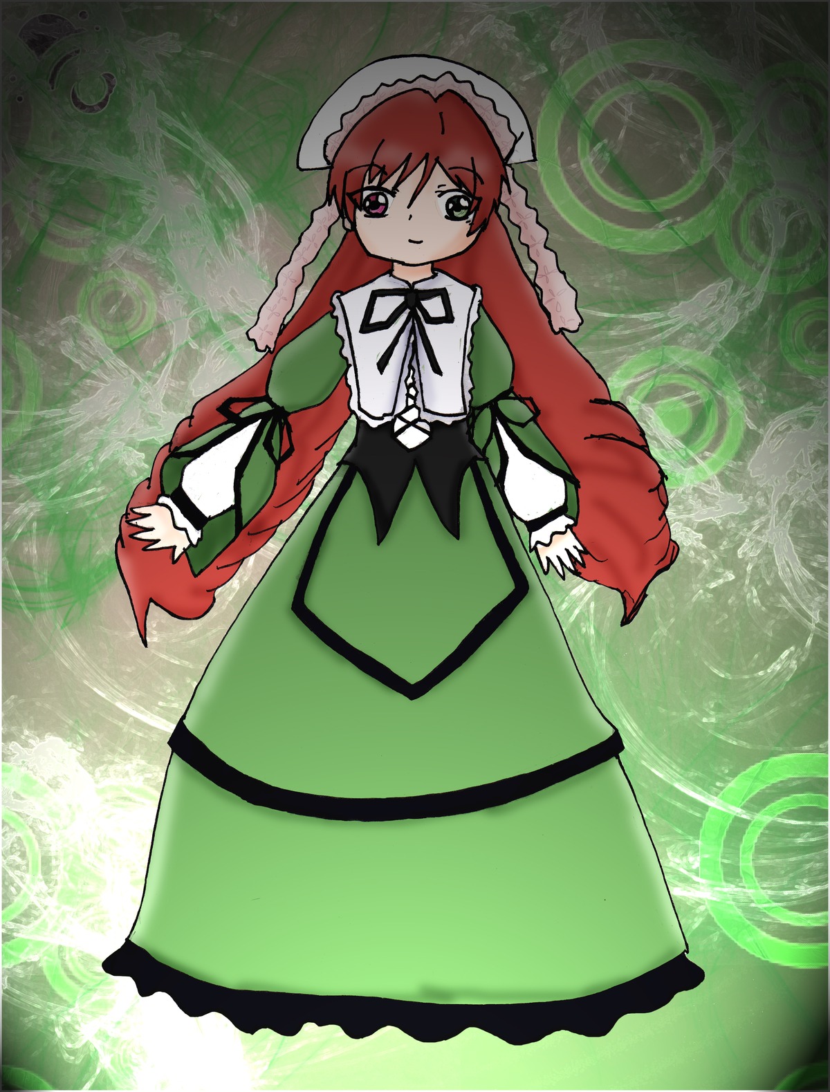 1girl auto_tagged dress full_body hat heterochromia image long_hair long_sleeves looking_at_viewer red_eyes solo standing suiseiseki very_long_hair