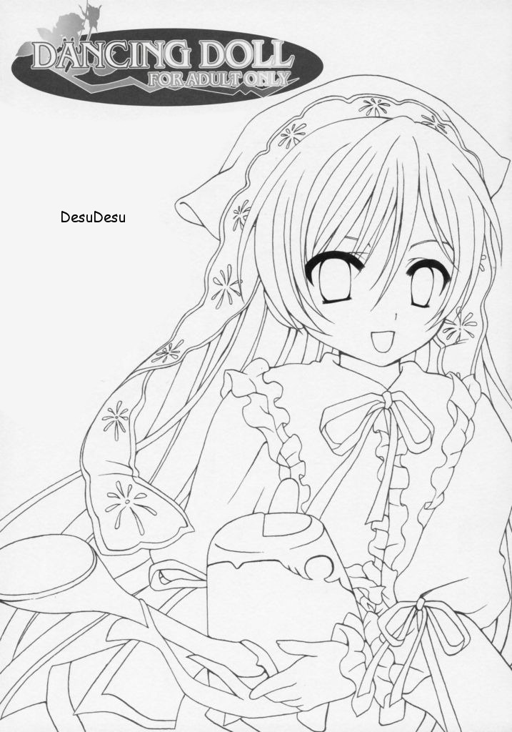 1girl :d blush dress frills greyscale image long_hair long_sleeves monochrome open_mouth ribbon smile solo suiseiseki