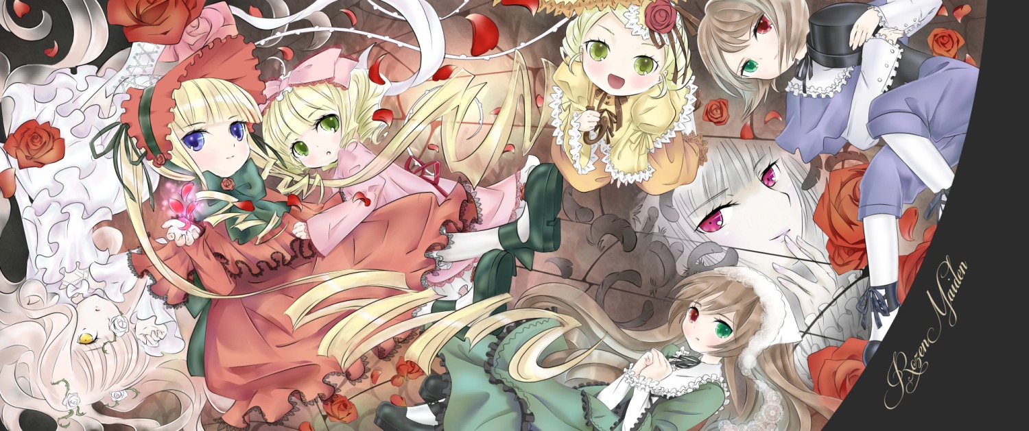 6+girls blonde_hair blue_eyes bow brown_hair dress flower green_eyes hairband hat heterochromia hina_ichigo image kanaria long_hair long_sleeves multiple multiple_girls open_mouth pink_bow red_eyes rose shinku silver_hair smile souseiseki suigintou suiseiseki tagme very_long_hair