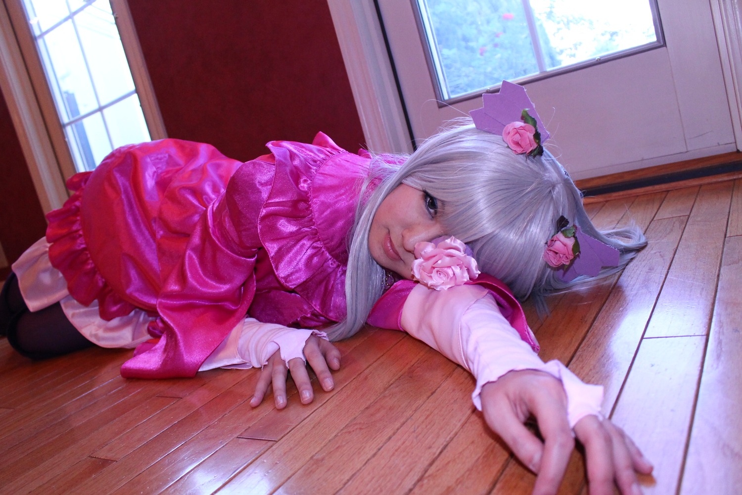 1girl barasuishou dress flower hair_flower hair_ornament indoors lying pink_flower rose solo thighhighs window