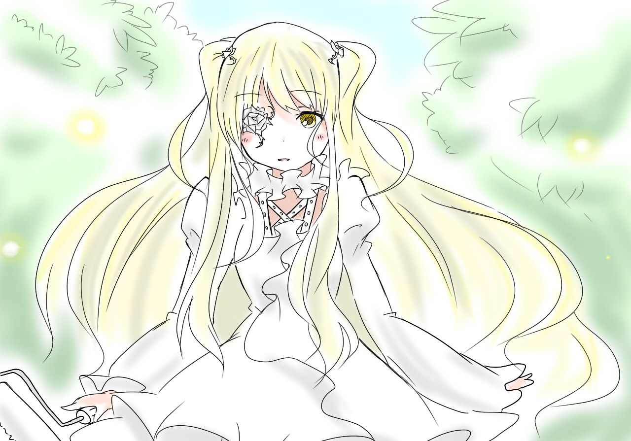 1girl blonde_hair dress eyepatch flower hair_flower image kirakishou long_hair long_sleeves looking_at_viewer outdoors puffy_sleeves solo two_side_up very_long_hair white_dress yellow_eyes