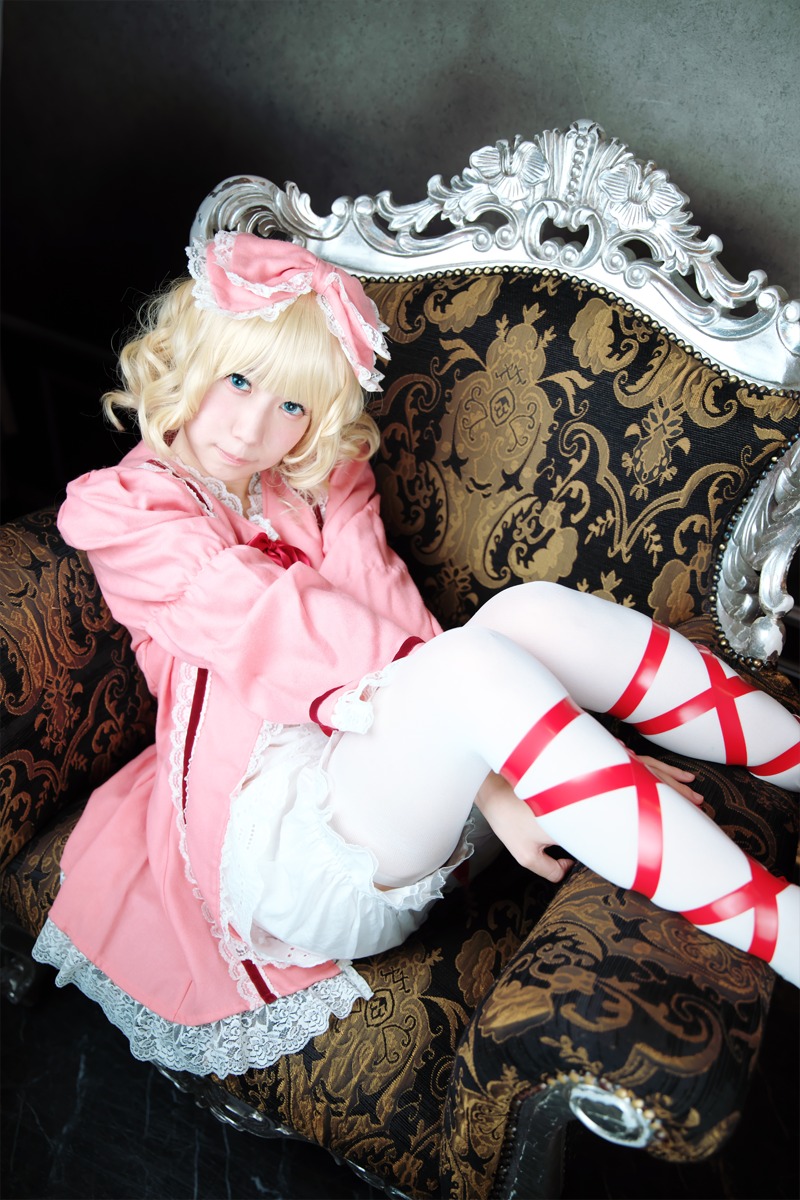 1girl blonde_hair blue_eyes couch dress frills hinaichigo pantyhose ribbon short_hair sitting solo underwear